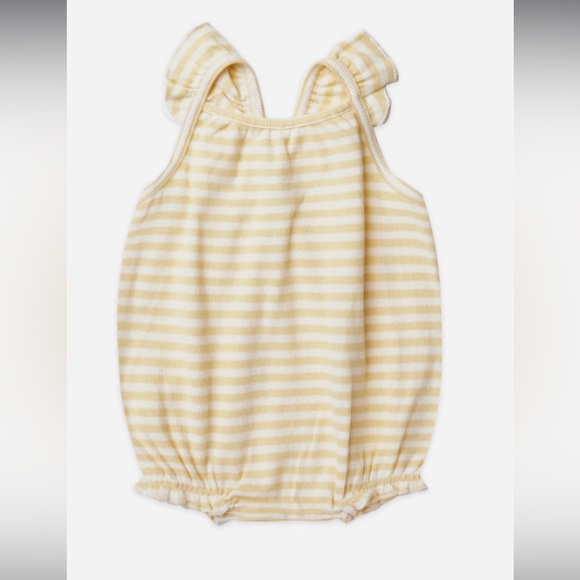 Quincy Mae Ribbed Ruffle Romper Bundle - Cloud and Yellow Stripe 0-3M - Picture 3 of 12